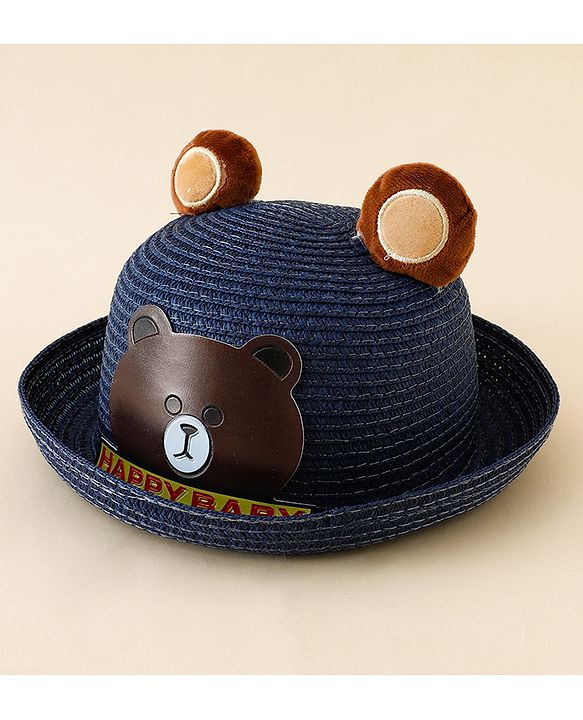 Babyhug Straw Hat With Teddy Bear Patch & Ear Applique Navy Blue - Diameter 17 cm