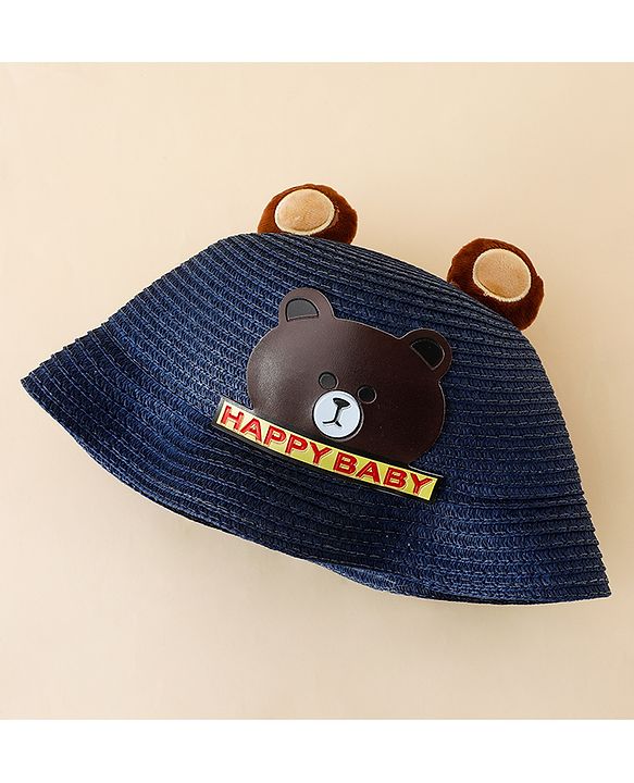 Babyhug Straw Hat With Teddy Bear Patch & Ear Applique Navy Blue - Diameter 17 cm