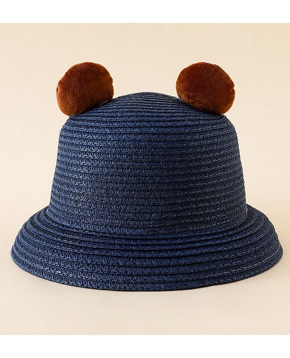 Babyhug Straw Hat With Teddy Bear Patch & Ear Applique Navy Blue - Diameter 17 cm