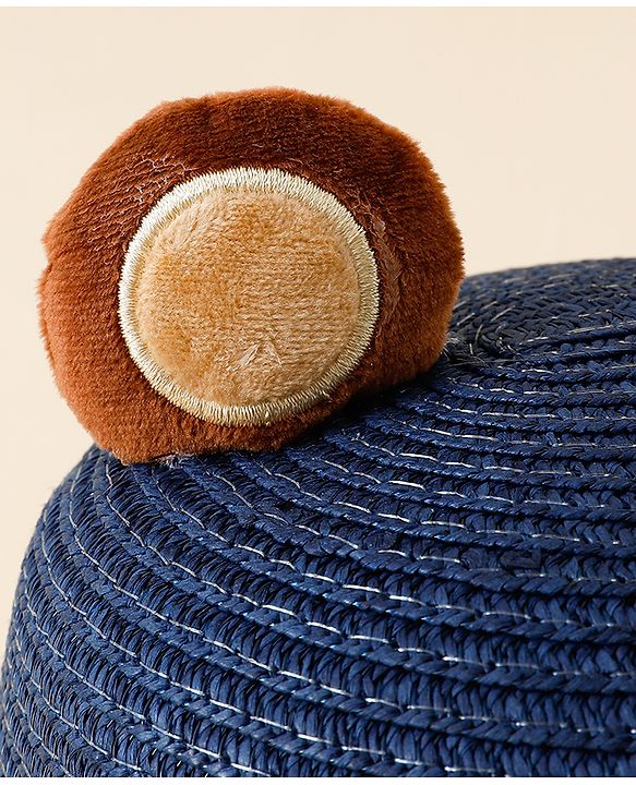 Babyhug Straw Hat With Teddy Bear Patch & Ear Applique Navy Blue - Diameter 17 cm