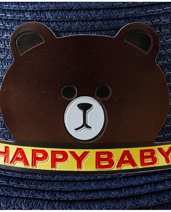 Babyhug Straw Hat With Teddy Bear Patch & Ear Applique Navy Blue - Diameter 17 cm