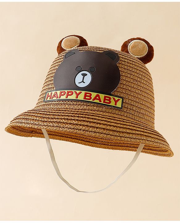 Babyhug Straw Hat With Teddy Bear Patch & Ear Applique Navy Blue - Diameter 17 cm