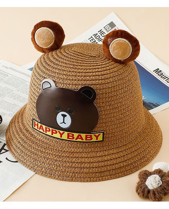 Babyhug Straw Hat With Teddy Bear Patch & Ear Applique Navy Blue - Diameter 17 cm
