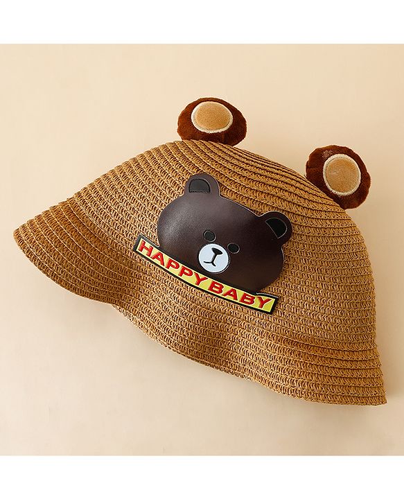 Babyhug Straw Hat With Teddy Bear Patch & Ear Applique Navy Blue - Diameter 17 cm