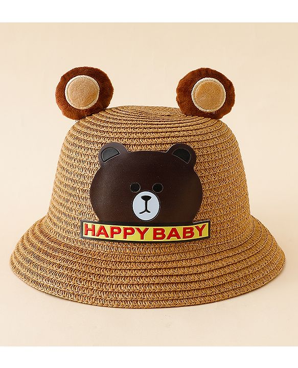 Babyhug Straw Hat With Teddy Bear Patch & Ear Applique Navy Blue - Diameter 17 cm
