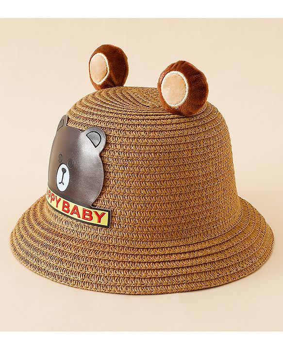 Babyhug Straw Hat With Teddy Bear Patch & Ear Applique Navy Blue - Diameter 17 cm