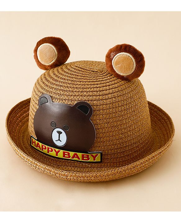 Babyhug Straw Hat With Teddy Bear Patch & Ear Applique Navy Blue - Diameter 17 cm
