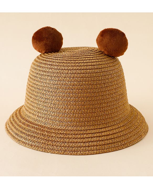 Babyhug Straw Hat With Teddy Bear Patch & Ear Applique Navy Blue - Diameter 17 cm