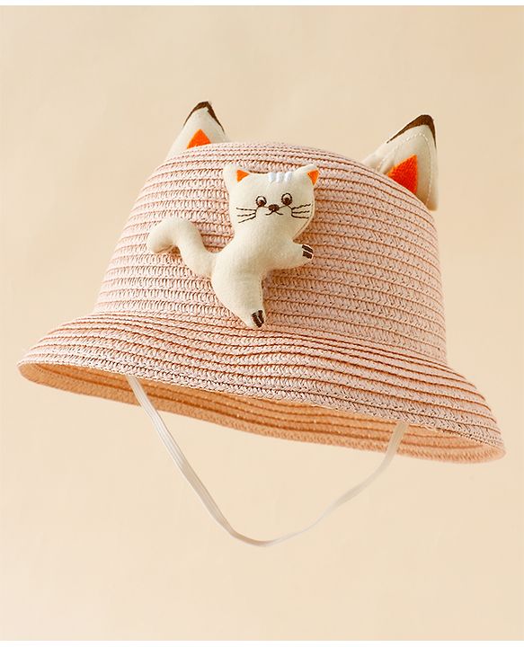 Babyhug Straw Hat With Cat Patch & Ear Applique Pink - Diameter 16 cm