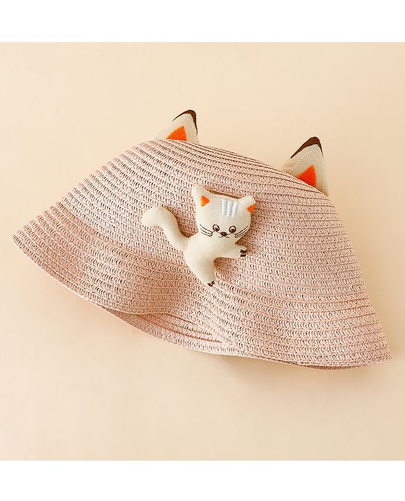 Babyhug Straw Hat With Cat Patch & Ear Applique Pink - Diameter 16 cm