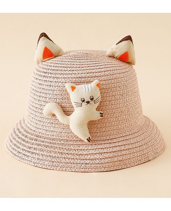 Babyhug Straw Hat With Cat Patch & Ear Applique Pink - Diameter 16 cm