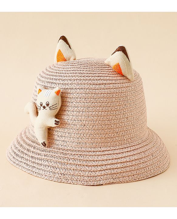 Babyhug Straw Hat With Cat Patch & Ear Applique Pink - Diameter 16 cm