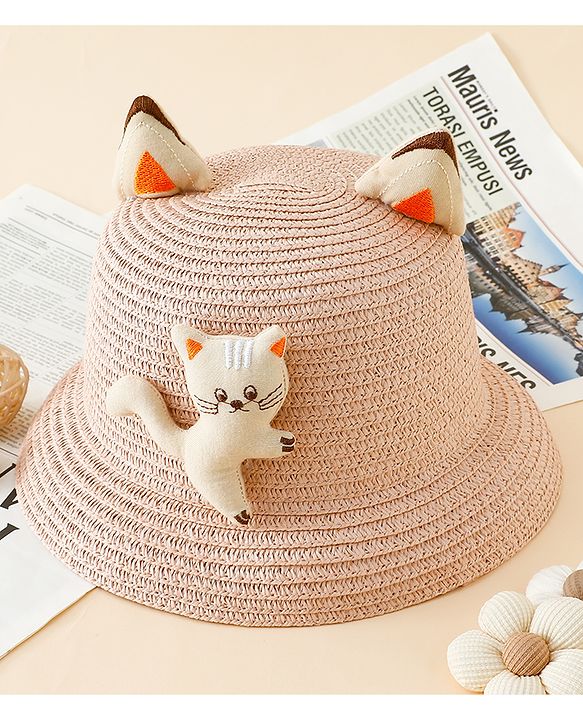 Babyhug Straw Hat With Cat Patch & Ear Applique Pink - Diameter 16 cm