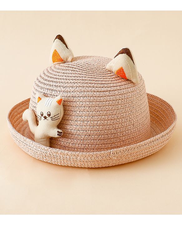 Babyhug Straw Hat With Cat Patch & Ear Applique Pink - Diameter 16 cm