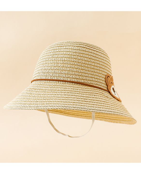 Babyhug Straw Hat With Teddy Bear Applique Beige - Diameter 16 cm