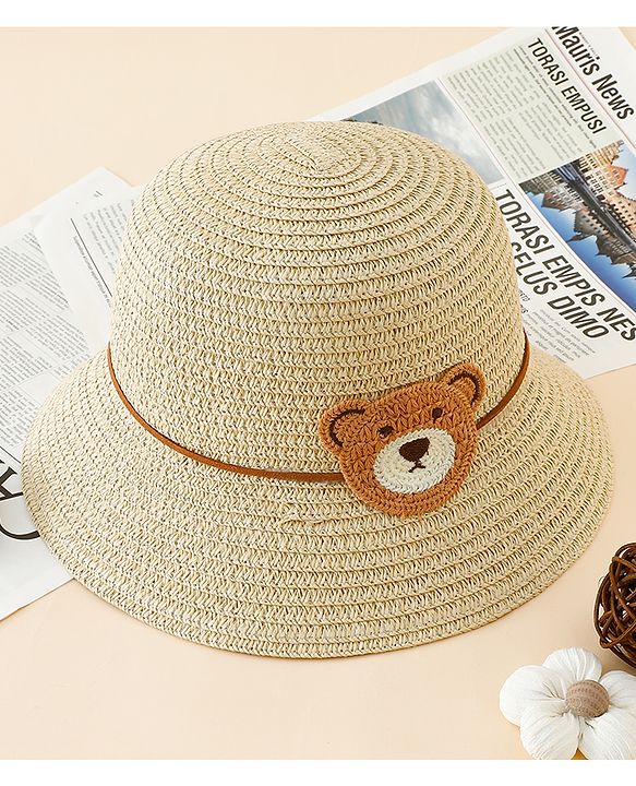 Babyhug Straw Hat With Teddy Bear Applique Beige - Diameter 16 cm