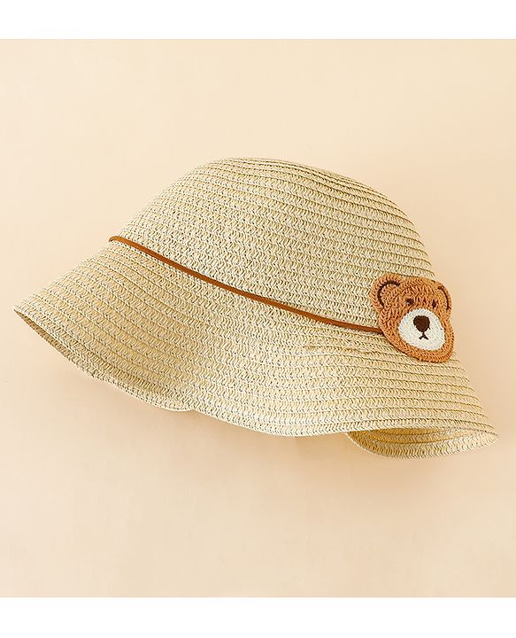 Babyhug Straw Hat With Teddy Bear Applique Beige - Diameter 16 cm