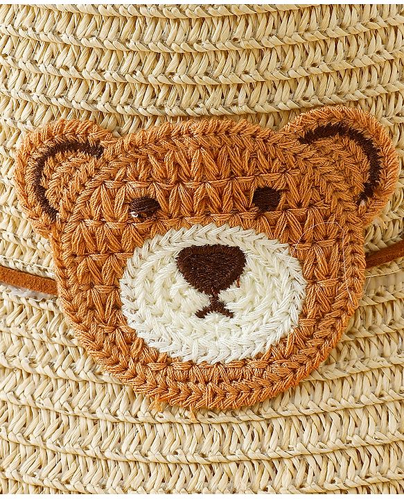 Babyhug Straw Hat With Teddy Bear Applique Beige - Diameter 16 cm