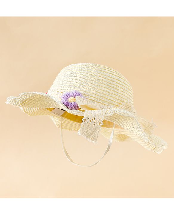 Babyhug Straw Hat With Floral Applique Cream - Diameter 16 cm