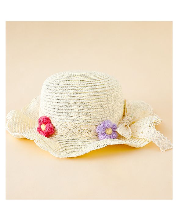 Babyhug Straw Hat With Floral Applique Cream - Diameter 16 cm