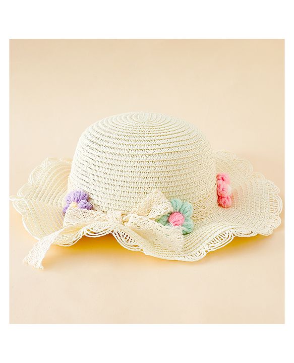 Babyhug Straw Hat With Floral Applique Cream - Diameter 16 cm