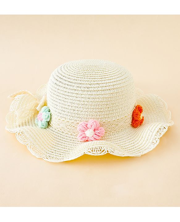 Babyhug Straw Hat With Floral Applique Cream - Diameter 16 cm