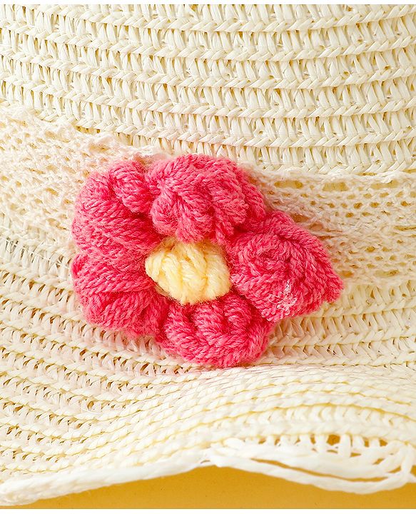 Babyhug Straw Hat With Floral Applique Cream - Diameter 16 cm