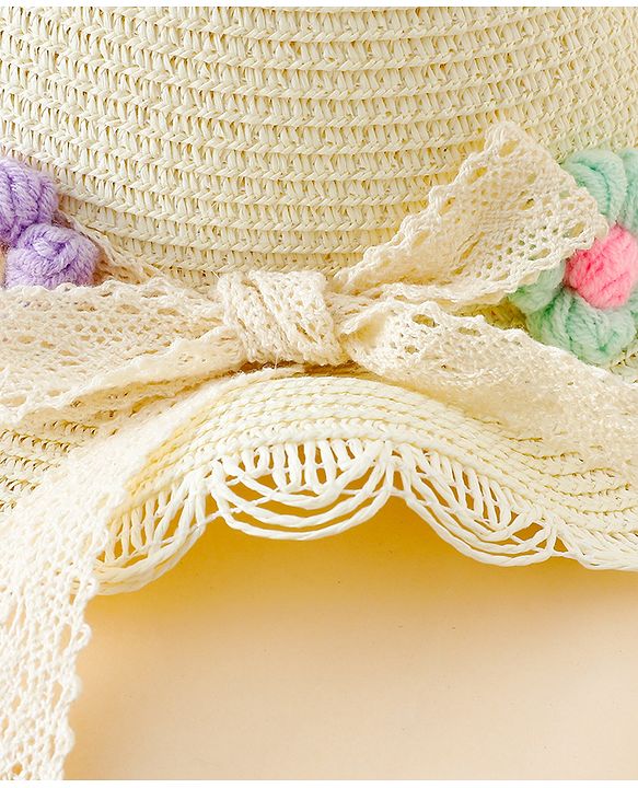 Babyhug Straw Hat With Floral Applique Cream - Diameter 16 cm