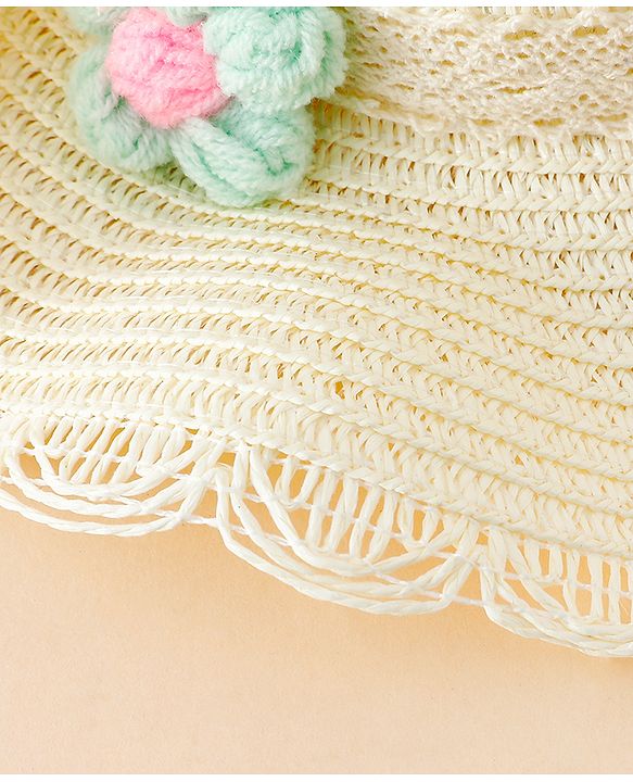 Babyhug Straw Hat With Floral Applique Cream - Diameter 16 cm