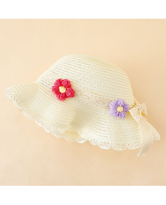 Babyhug Straw Hat With Floral Applique Cream - Diameter 16 cm