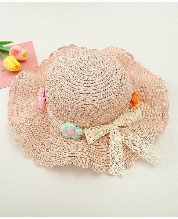 Babyhug Straw Hat With Floral Applique Cream - Diameter 16 cm