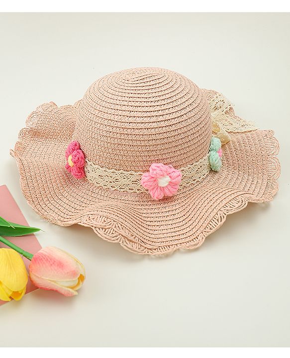 Babyhug Straw Hat With Floral Applique Cream - Diameter 16 cm