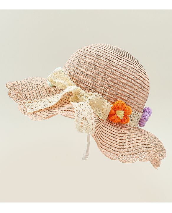 Babyhug Straw Hat With Floral Applique Cream - Diameter 16 cm