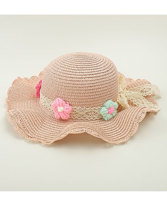Babyhug Straw Hat With Floral Applique Cream - Diameter 16 cm