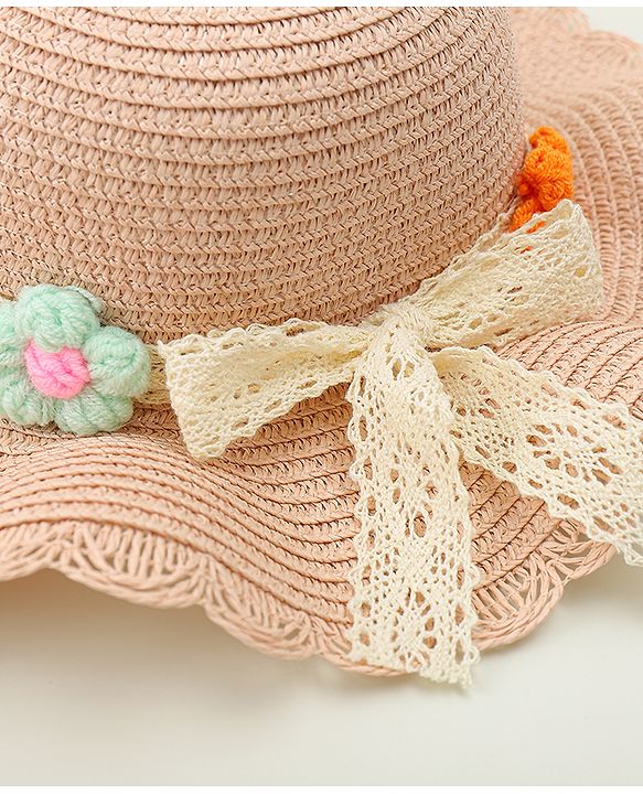 Babyhug Straw Hat With Floral Applique Cream - Diameter 16 cm