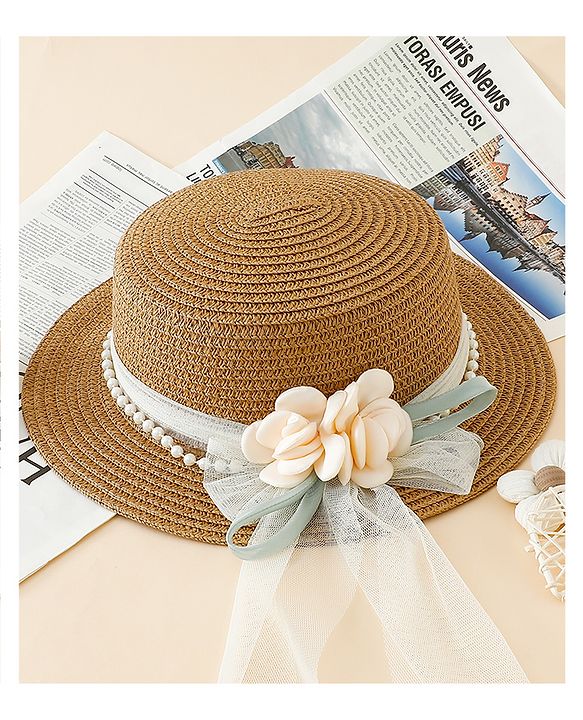 Babyhug Straw Hat With Floral Applique Brown - Diameter 17 cm