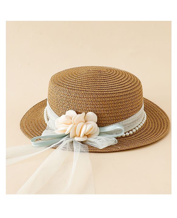 Babyhug Straw Hat With Floral Applique Brown - Diameter 17 cm