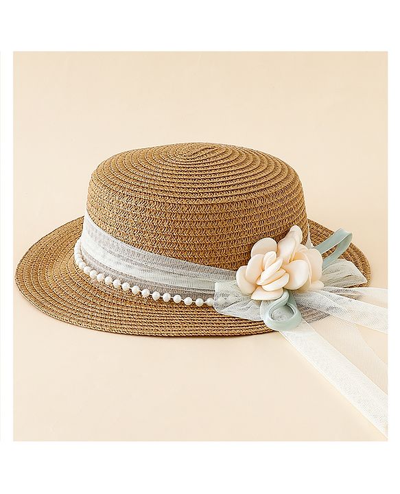 Babyhug Straw Hat With Floral Applique Brown - Diameter 17 cm