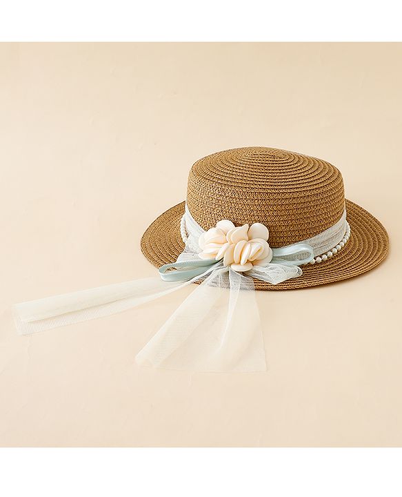 Babyhug Straw Hat With Floral Applique Brown - Diameter 17 cm