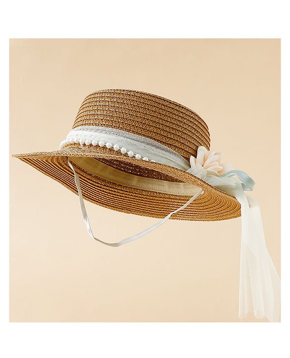 Babyhug Straw Hat With Floral Applique Brown - Diameter 17 cm