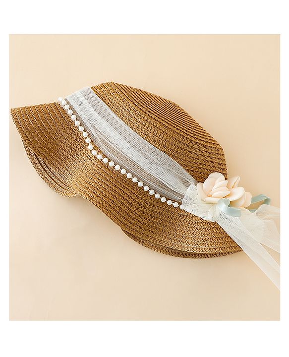 Babyhug Straw Hat With Floral Applique Brown - Diameter 17 cm