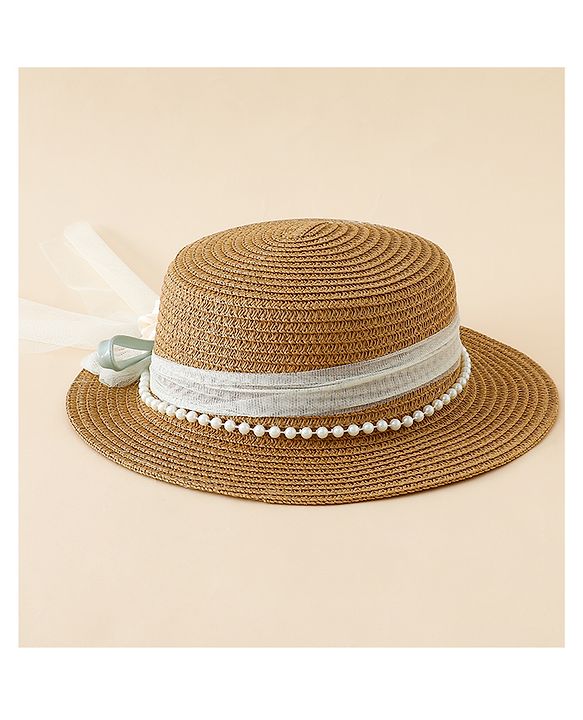 Babyhug Straw Hat With Floral Applique Brown - Diameter 17 cm