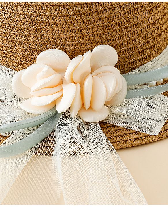 Babyhug Straw Hat With Floral Applique Brown - Diameter 17 cm