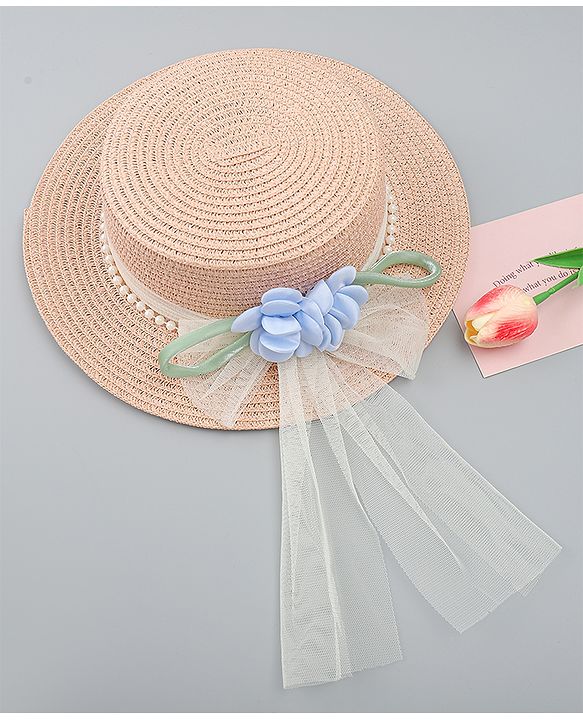 Babyhug Straw Hat With Floral Applique Brown - Diameter 17 cm