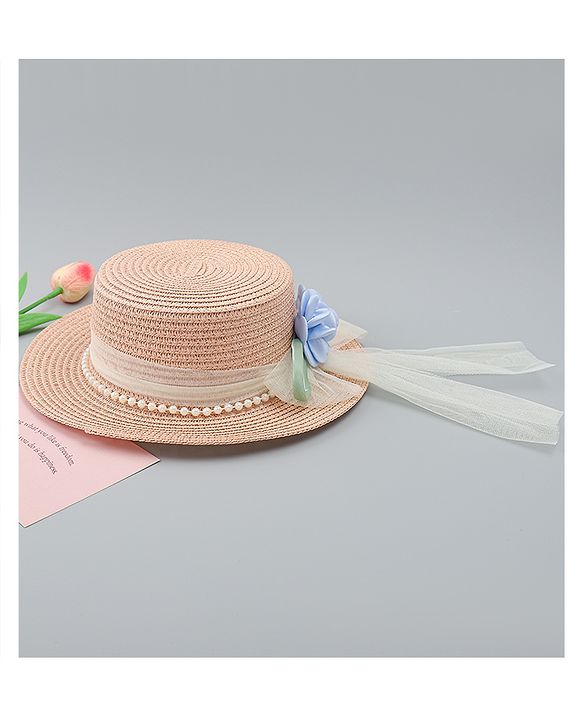 Babyhug Straw Hat With Floral Applique Brown - Diameter 17 cm