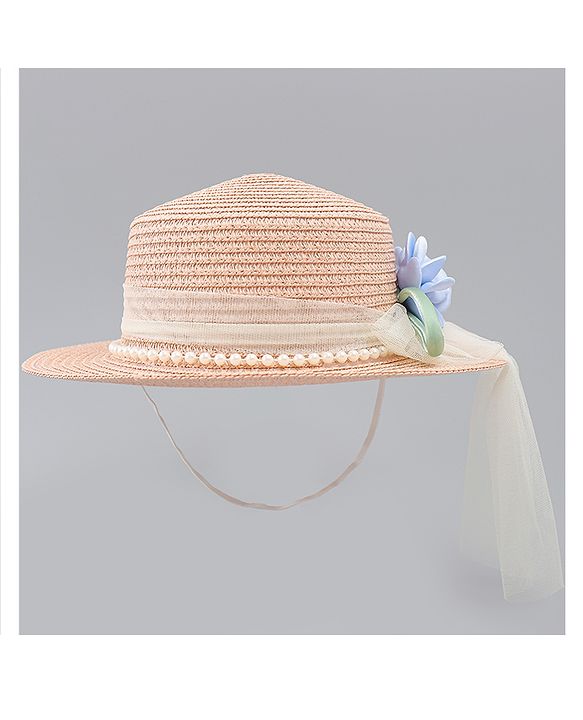 Babyhug Straw Hat With Floral Applique Brown - Diameter 17 cm