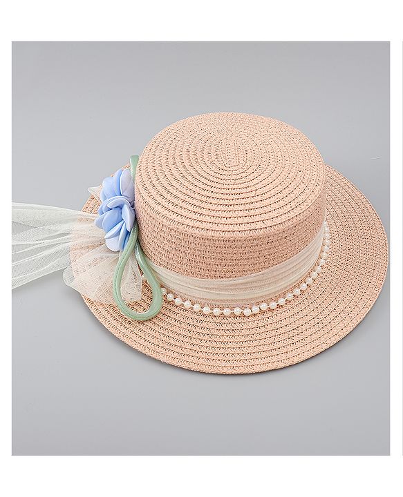 Babyhug Straw Hat With Floral Applique Brown - Diameter 17 cm