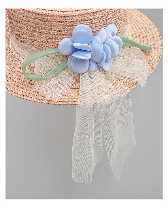 Babyhug Straw Hat With Floral Applique Brown - Diameter 17 cm