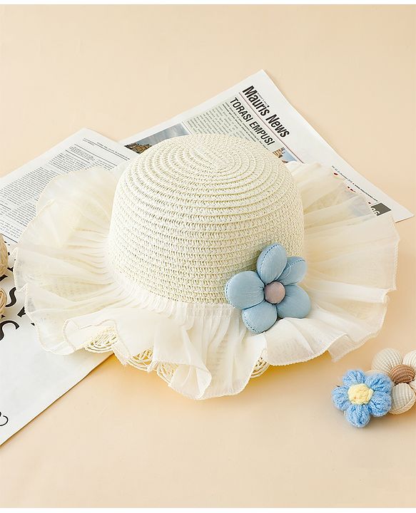 Babyhug Straw Hat With Floral Applique White - Diameter 16 cm