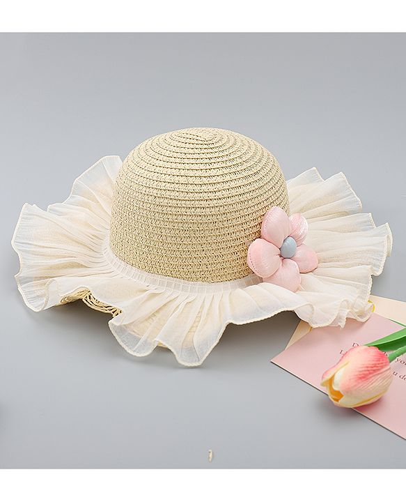 Babyhug Straw Hat With Floral Applique White - Diameter 16 cm